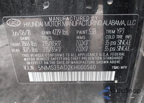 2019 Hyundai Santa Fe Se z USA, uszkodzony, nr VIN 5NMS23AD2KH000560